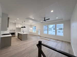 Unfurnished living room featuring suspended lighting, a ceiling fan, a raised ceiling, and light wood finished floors