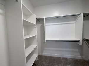Walk in closet with dark colored carpet