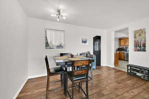 Dining area with light wood-type flooring and electric panel