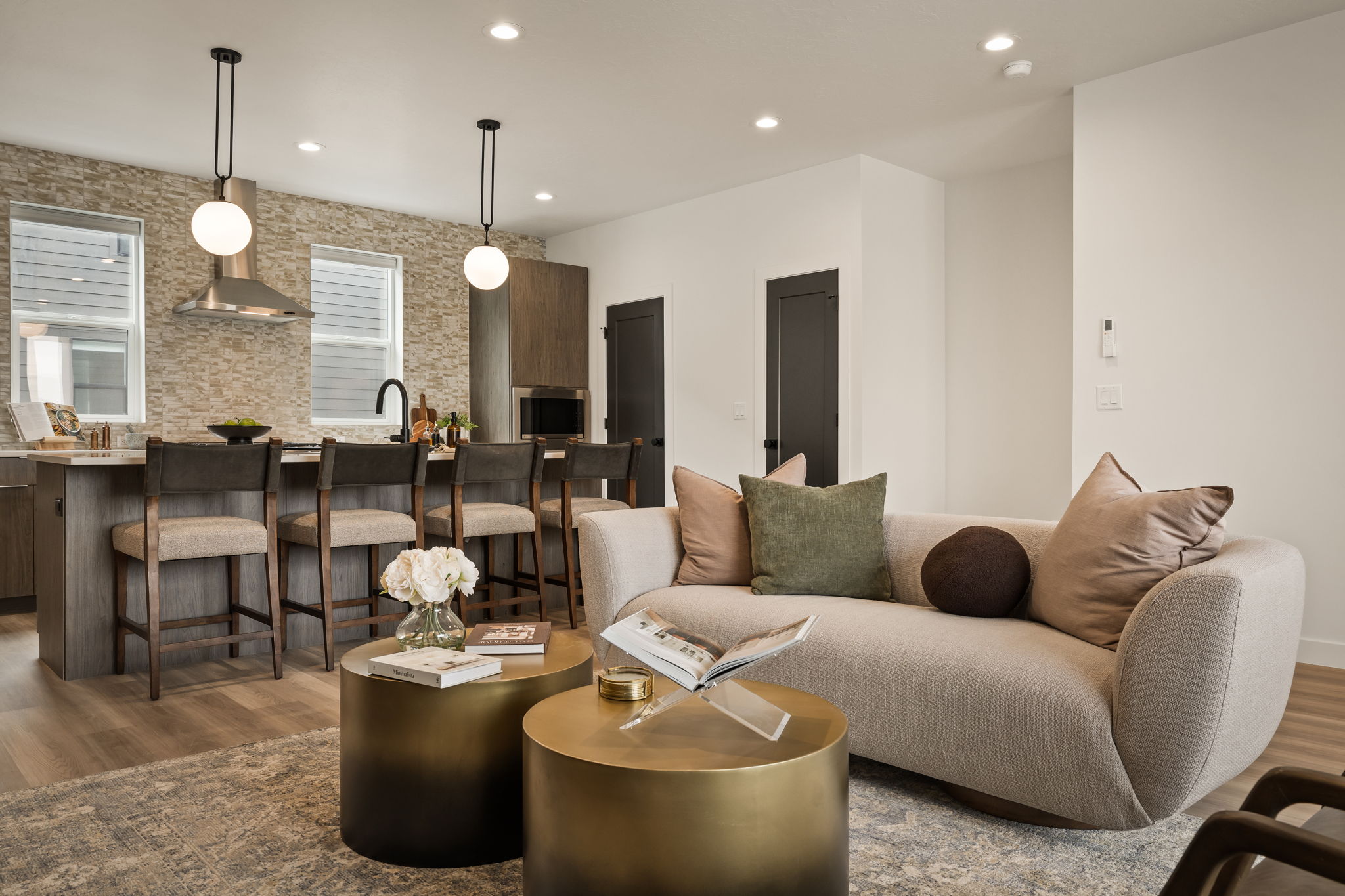Living room with dark wood-type flooring and recessed lighting