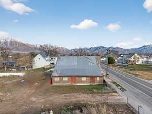 Aerial perspective of suburban area with mountains