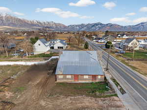 Aerial view of residential area with mountains
