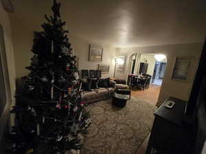 Living area featuring arched walkways and wood finished floors