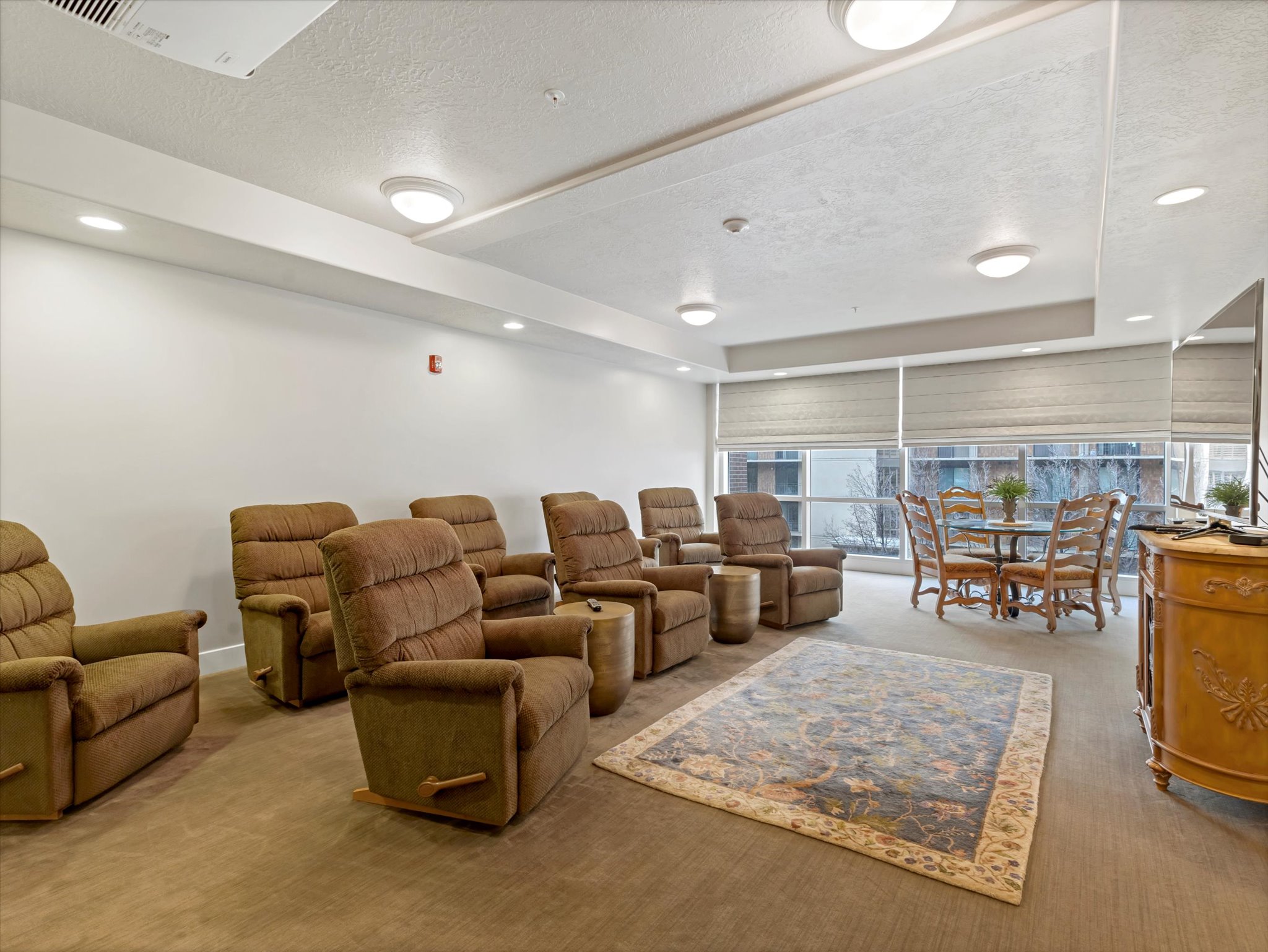 Carpeted theater gathering room for all-type gatheirngs.