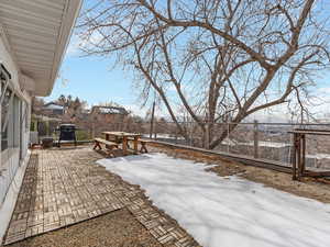 Snow covered patio featuring a patio, a fenced backyard, and area for grilling