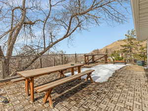 View of patio featuring a mountain view