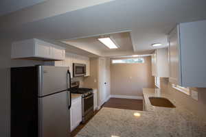 Updated kitchen with light granite counters, white cabinets, stainless steel appliances, and dark wood-type flooring