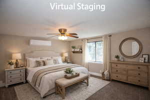 bVirtually Staged bedroom featuring dark carpet, a mini split for heating / cooling, and a ceiling fan