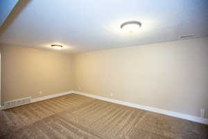 Unfurnished family room with a textured ceiling and carpet