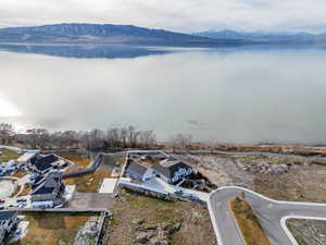 Aerial view of residential area with a water and mountain view