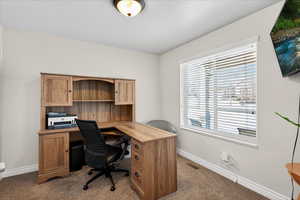 Office area featuring baseboards and light carpet