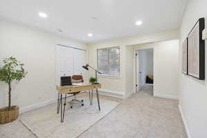 Office featuring ornamental molding, light carpet, and recessed lighting
