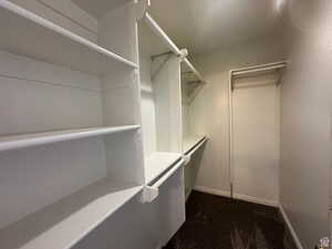 Walk in closet featuring dark colored carpet