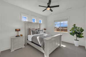 Bedroom featuring ceiling fan, multiple windows, and light colored carpet
