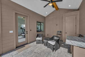 View of patio with a ceiling fan