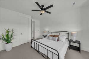 Bedroom with carpet flooring and ceiling fan