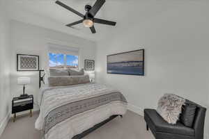 Bedroom with ceiling fan and light colored carpet