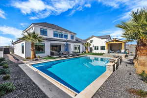 Back of property with a patio area, an outdoor pool, a fenced backyard, and stucco siding