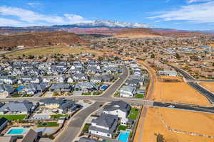 Aerial view of residential area with mountains