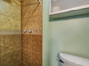 Bathroom with a shower stall and toilet
