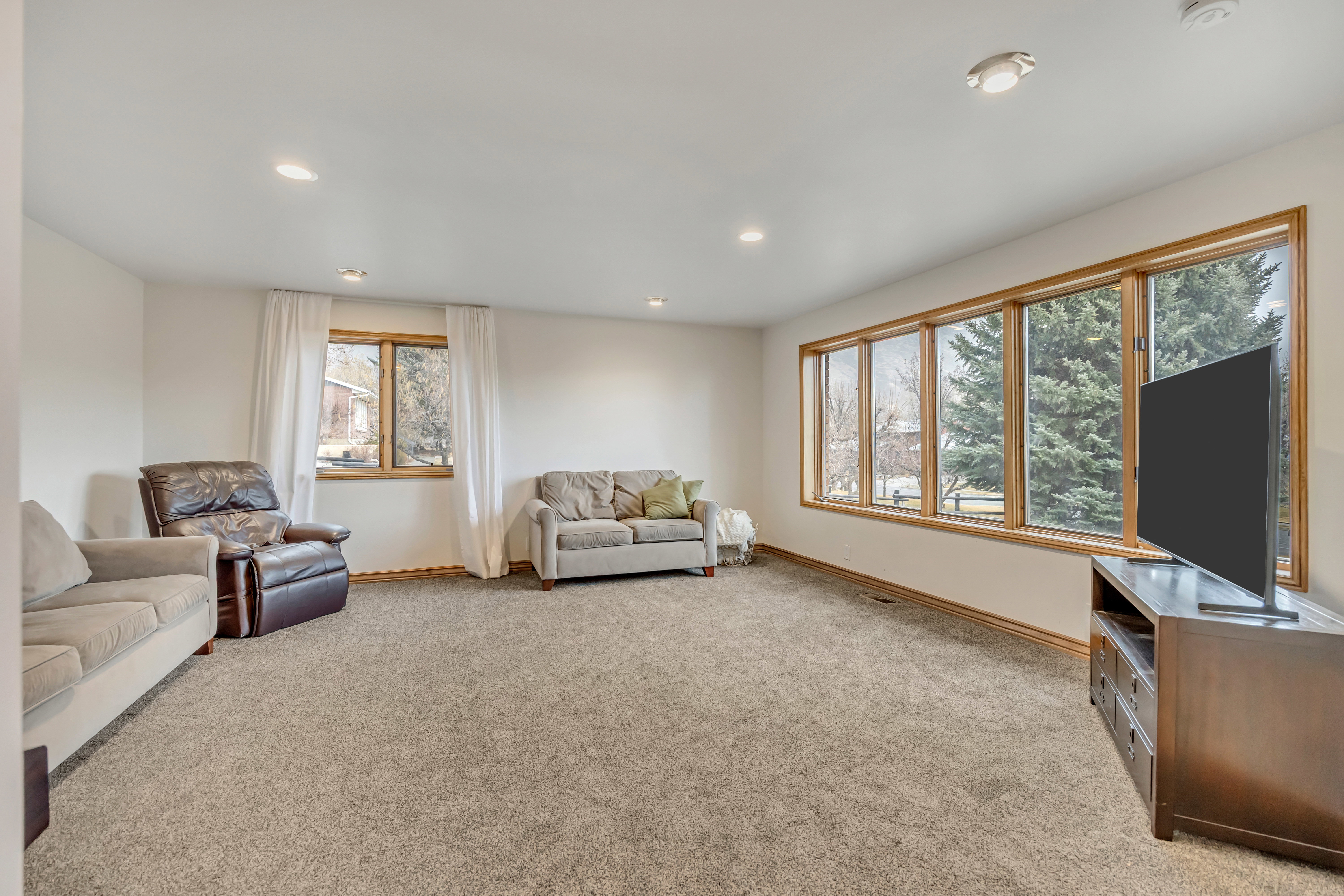 Living room with light colored carpet and recessed lighting