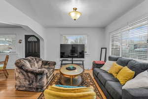 Living room with arched walkways, wood finished floors, and healthy amount of natural light