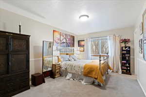 Bedroom featuring a textured ceiling and light colored carpet