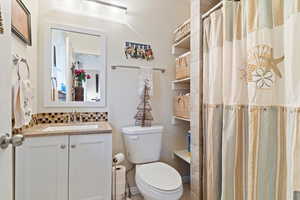 Full bathroom with a shower with shower curtain, vanity, and tasteful backsplash