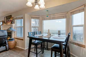 Dining room featuring a chandelier, wood finished floors, and a textured ceiling