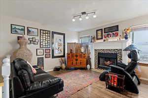 Living room featuring wood finished floors, a textured ceiling, and a fireplace