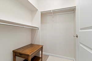 Walk in closet with light wood-style floors