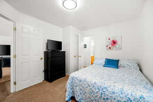 Bedroom featuring light carpet