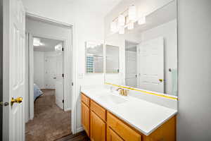 Ensuite bathroom with vanity and dark carpet