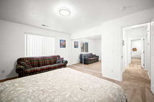 Bedroom with light carpet and a closet