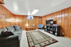 Carpeted living room featuring wood walls