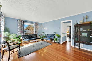 Living area with hardwood / wood-style floors, a textured ceiling, and crown molding