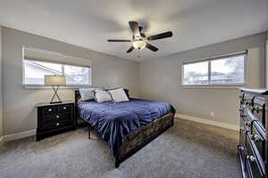 Carpeted bedroom featuring a ceiling fan and multiple windows