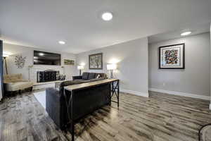 Living area featuring light wood-style flooring, a fireplace, and recessed lighting