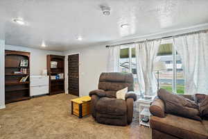 Sitting room featuring light carpet, a textured ceiling, and recessed lighting