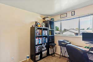 Office with light colored carpet and baseboards