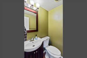 Bathroom featuring vanity and a textured ceiling