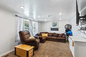 Living room with carpet, a textured ceiling, and recessed lighting