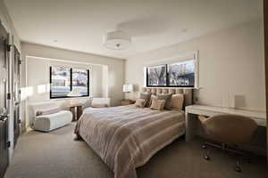 Bedroom with carpet, multiple windows, and an office area