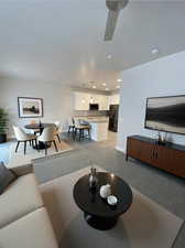 AI Photo of family room and kitchen area
