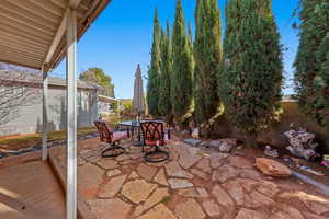 Fenced backyard featuring a patio and outdoor dining area