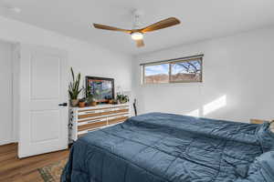 Bedroom with wood finished floors and ceiling fan