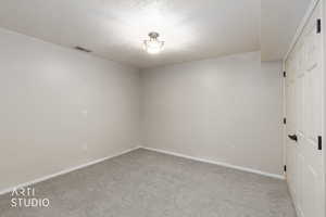 Unfurnished room with a textured ceiling and light colored carpet