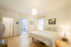Bedroom with light wood-style flooring and connected bathroom