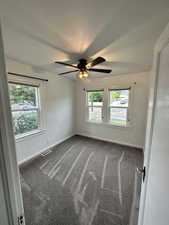 Unfurnished room with carpet, a ceiling fan, and plenty of natural light