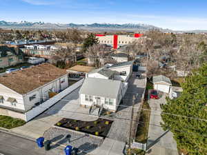 Aerial view of residential area with mountains